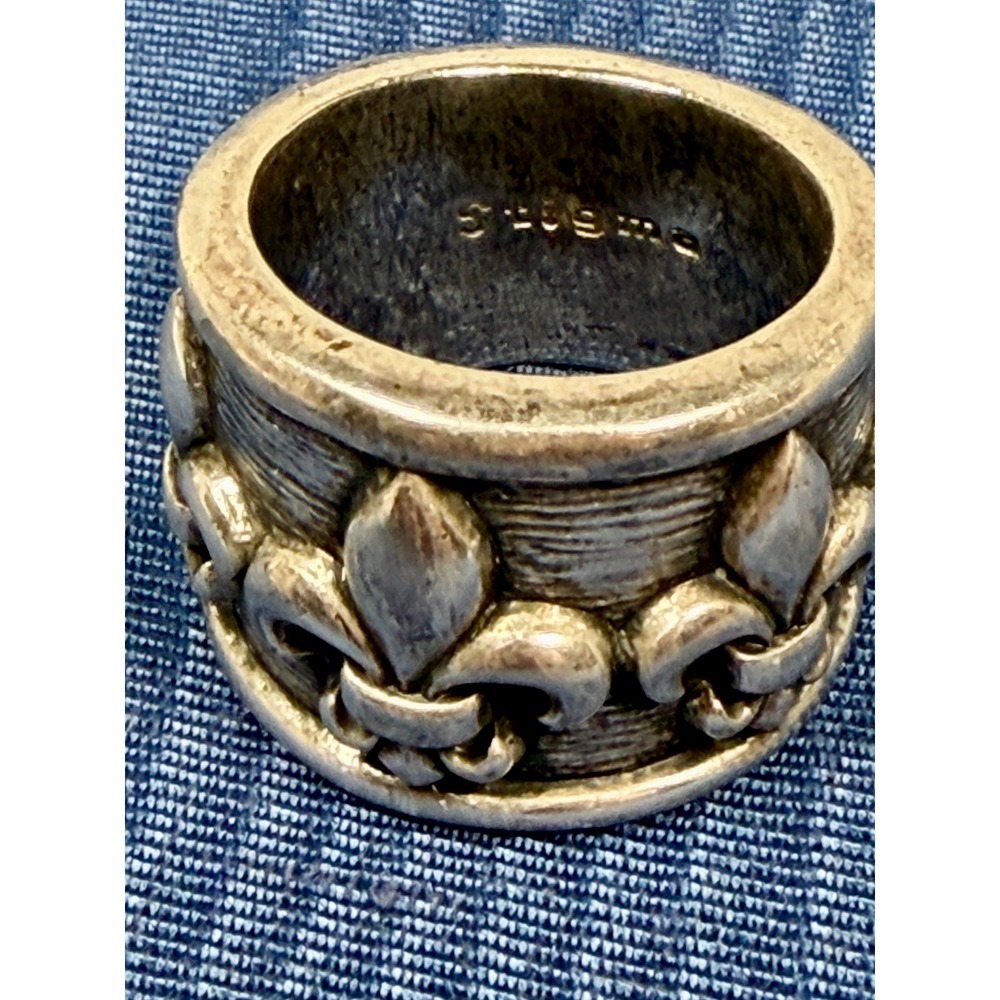 Stigma Fleur De Lis Men Ring Size 10 Silver Tone Wide Cigar Band Textured Biker